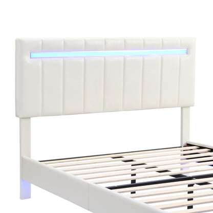 Queen Size Floating Bed Frame with LED Lights and USB Charging,Modern Upholstered Platform LED Bed Frame, White