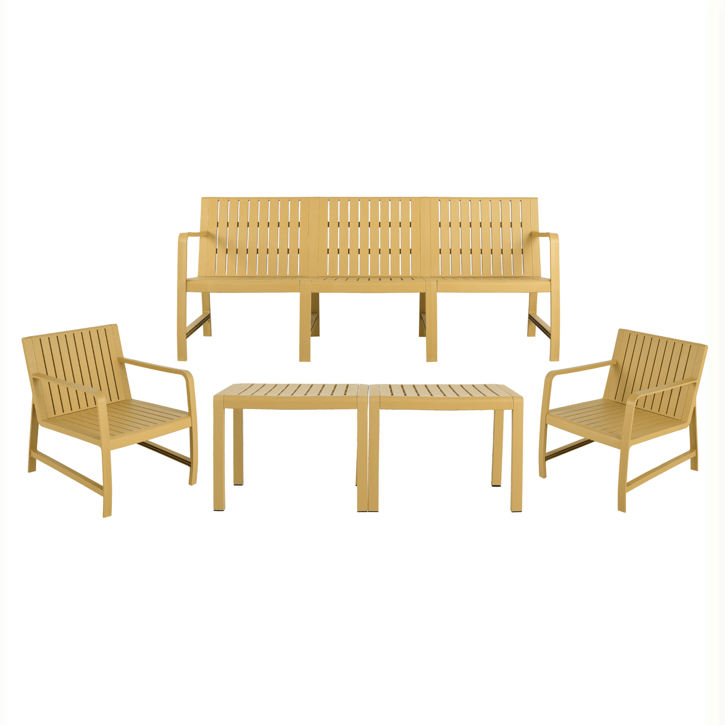 5-piece Indoor/Outdoor Furniture Set - 3-seater Sofa, 2 Chairs and 2 Coffee Tables,Waterproof and Durable,71.26*27.17*29.92in/24.61*27.17*29.92in/19.69×19.69×14.96in, Brick Yellow, PP