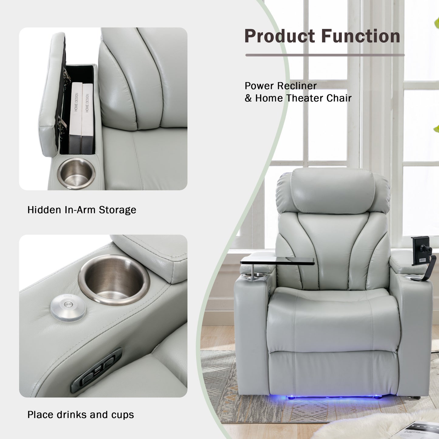 Power Motion Recliner Electric Power Recliner with USB Charging Port, Hidden Arm Storage, Convenient Cup Holder and Bluetooth Speaker, Light Grey(Old Sku:SG000800AAE)