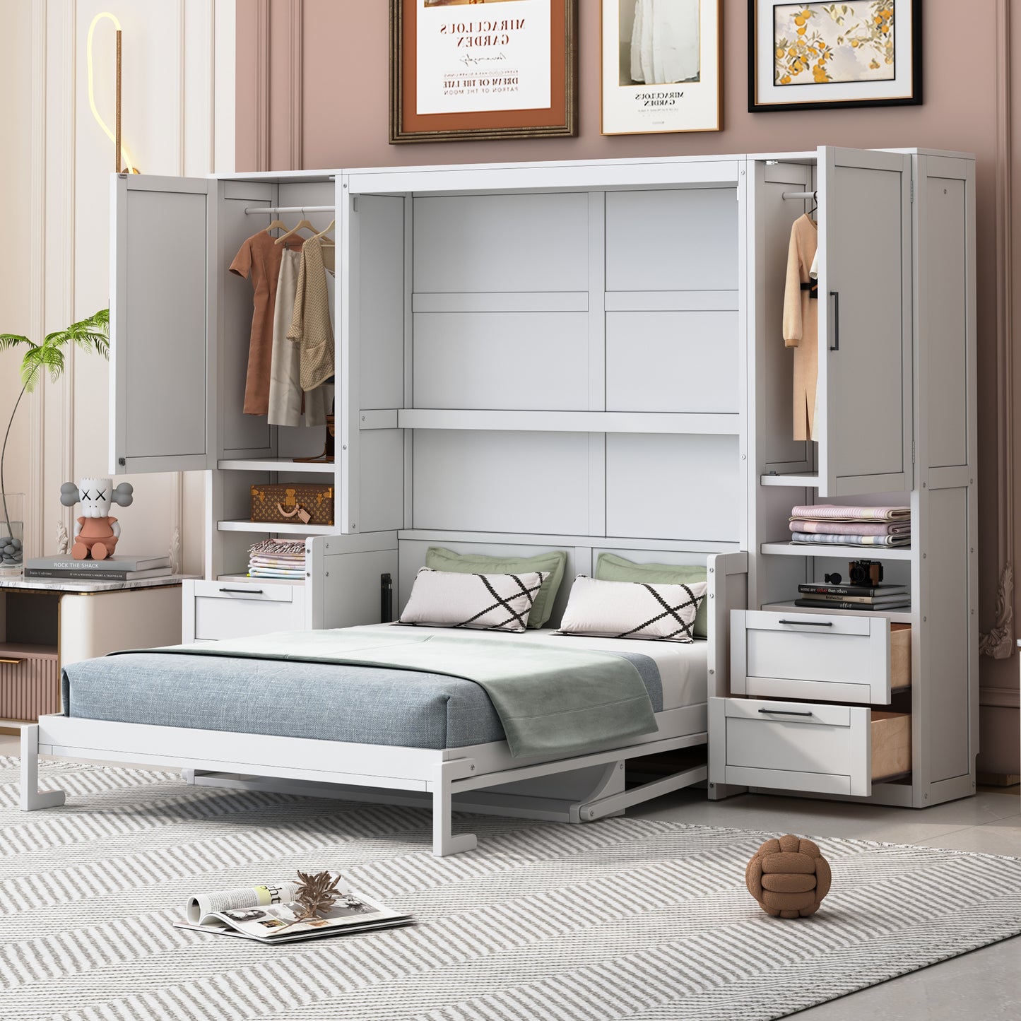 Queen Size Murphy Bed Wall Bed with Closet ,Drawers and Shelves,White