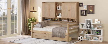 Twin Size Wooden Storage Daybed Frame with Bookcase Headboard and Two Under-bed Drawers for Bedroom Living Room, No Box Spring Needed,Natural