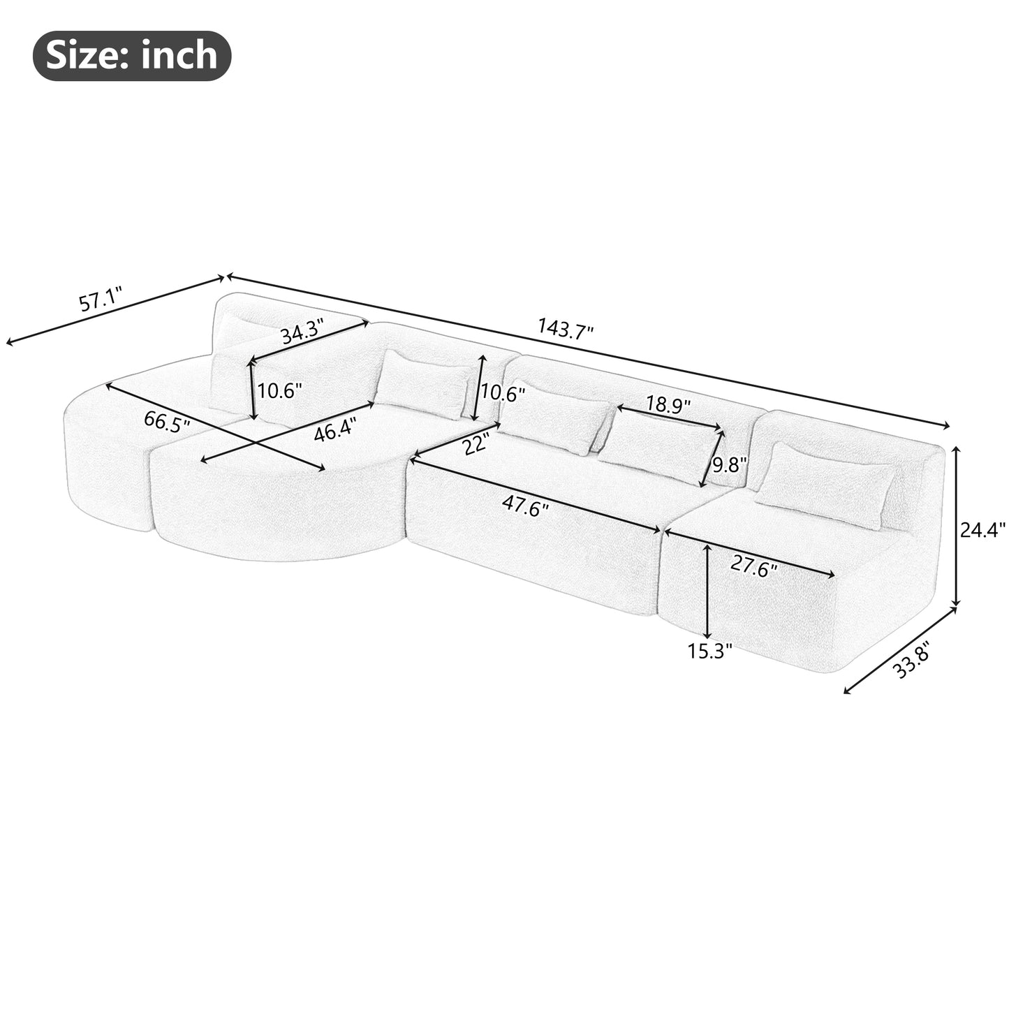 143.7" Upholstered Sofa Free-combined Sofa Couch with Two Chaise Lounge and Five Back Pillows for Living Room, Light Gray