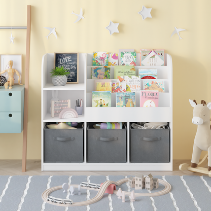 Kids Bookcase and Bookshelf, Multifunctional Bookcase with 3 Collapsible Fabric Drawers, Bookcase Display Stand, Toy Storage Organizer for Bedroom, Playroom, Hallway (White/Gray)