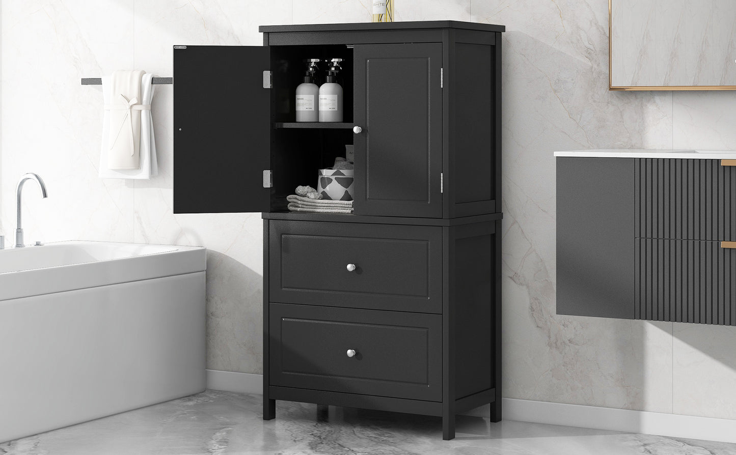 Bathroom Storage Cabinet, Cabinet with Two Doors and Drawers, Adjustable Shelf, MDF Board, Black