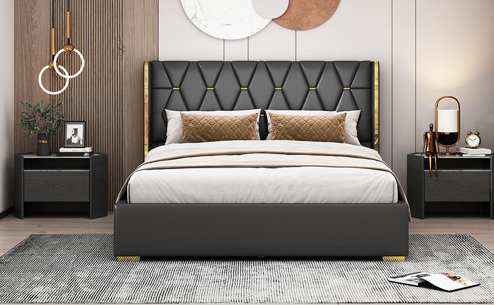 Queen Size Upholstered Platform Bed with Metal Strips, Black