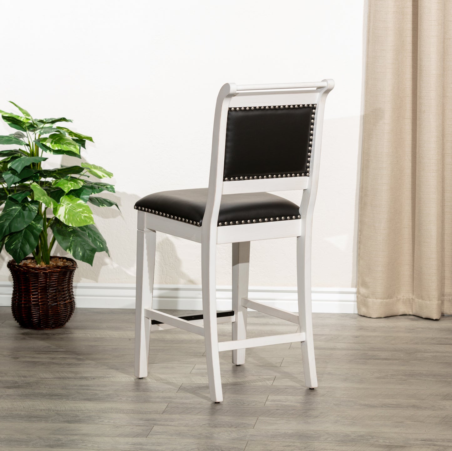 24" Counter Stool, Antique White Finish, Black Leather Seat