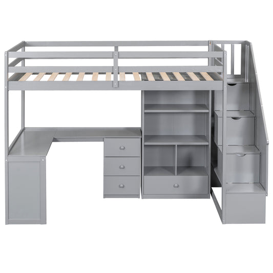 Gray Twin Size Loft Bed with L-Shaped Desk, Drawers, Cabinet and Storage Staircase, Pine Wood and MDF