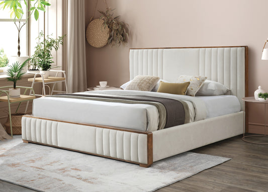 Kaleea Beige Chenille & Walnut Finish Queen Bed