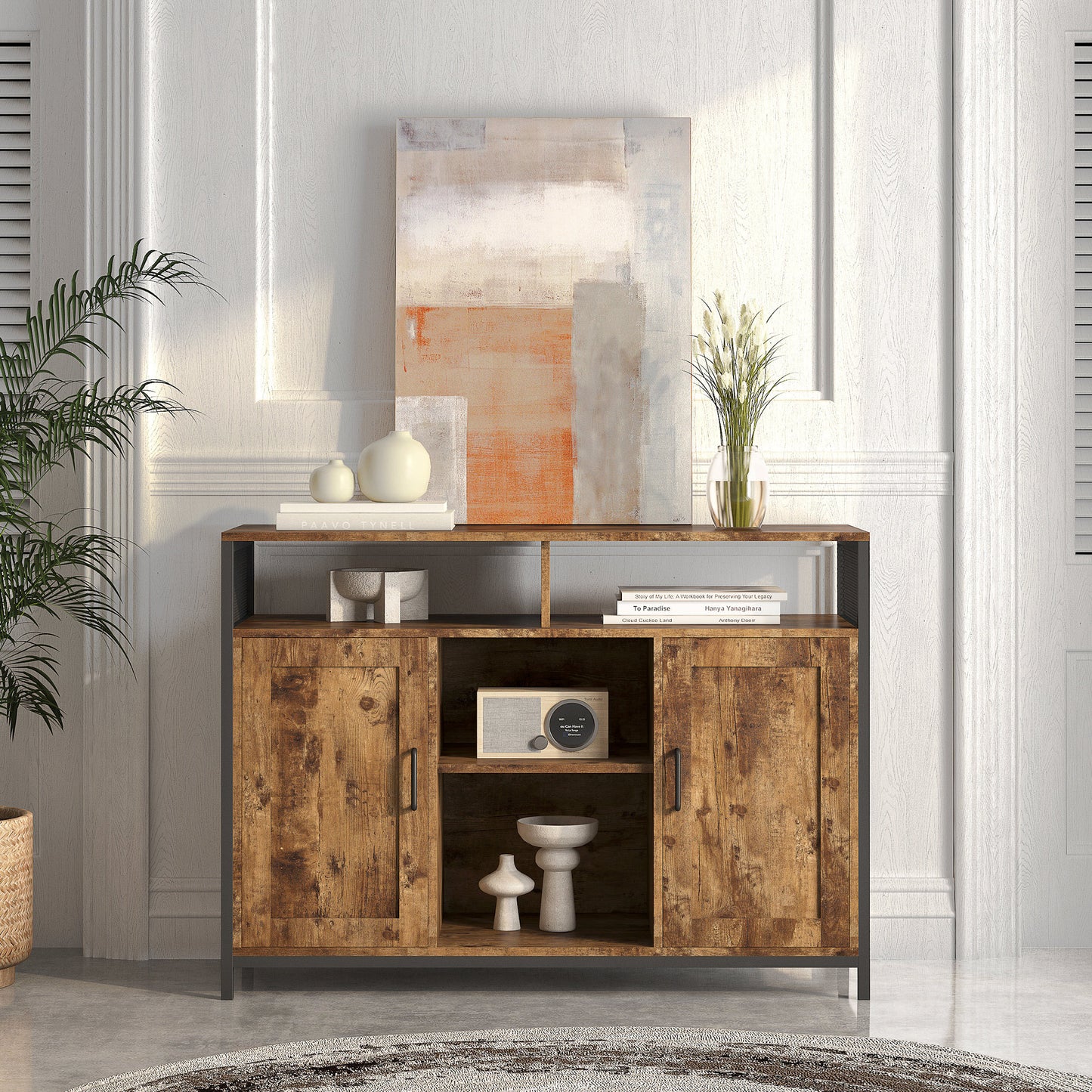 Sideboard, storage cabinet with open shelves for kitchen dining room living room, industrial style, Rustic Brown, 43.7x15.74x31.5Inches