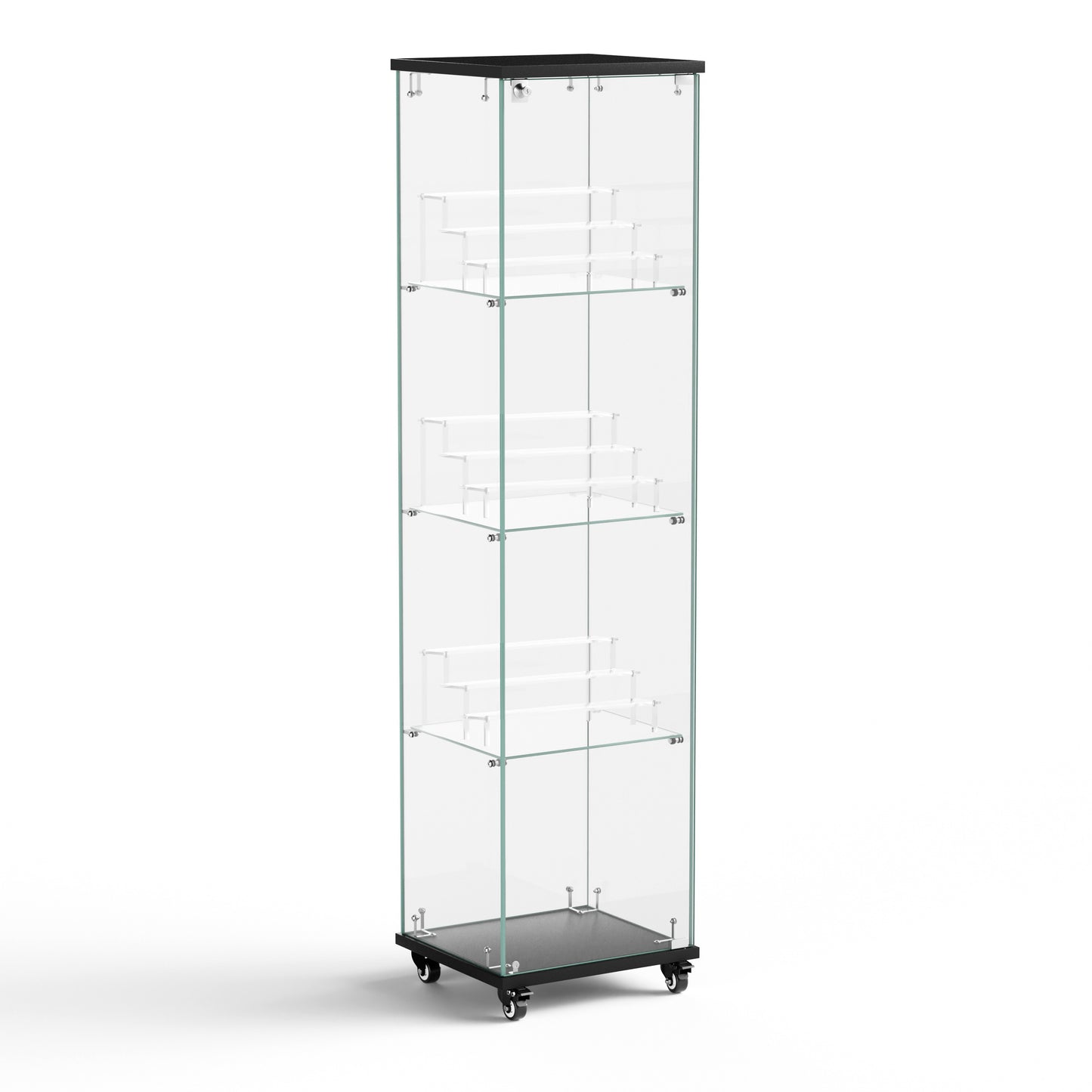 4 Tier Glass Display Cabinet, Single Door Glass Cabinet with Lock and Wheels, Floor Standing Storage Cabinet with 3 Acrylic Shelves for Living Room, Bedroom and Office, Black, 15.8"L x 14.2"W x 65.1"H