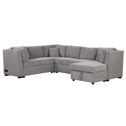 108.6" U-shaped Sectional Sofa Pull out Sofa Bed with Two USB Ports, Two Power Sockets, Three Back Pillows and a Storage Chaise for Living Room, Light Gray