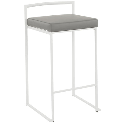 Fuji Contemporary Stackable Counter Stool in White with Grey Faux Leather Cushion by LumiSource - Set of 2