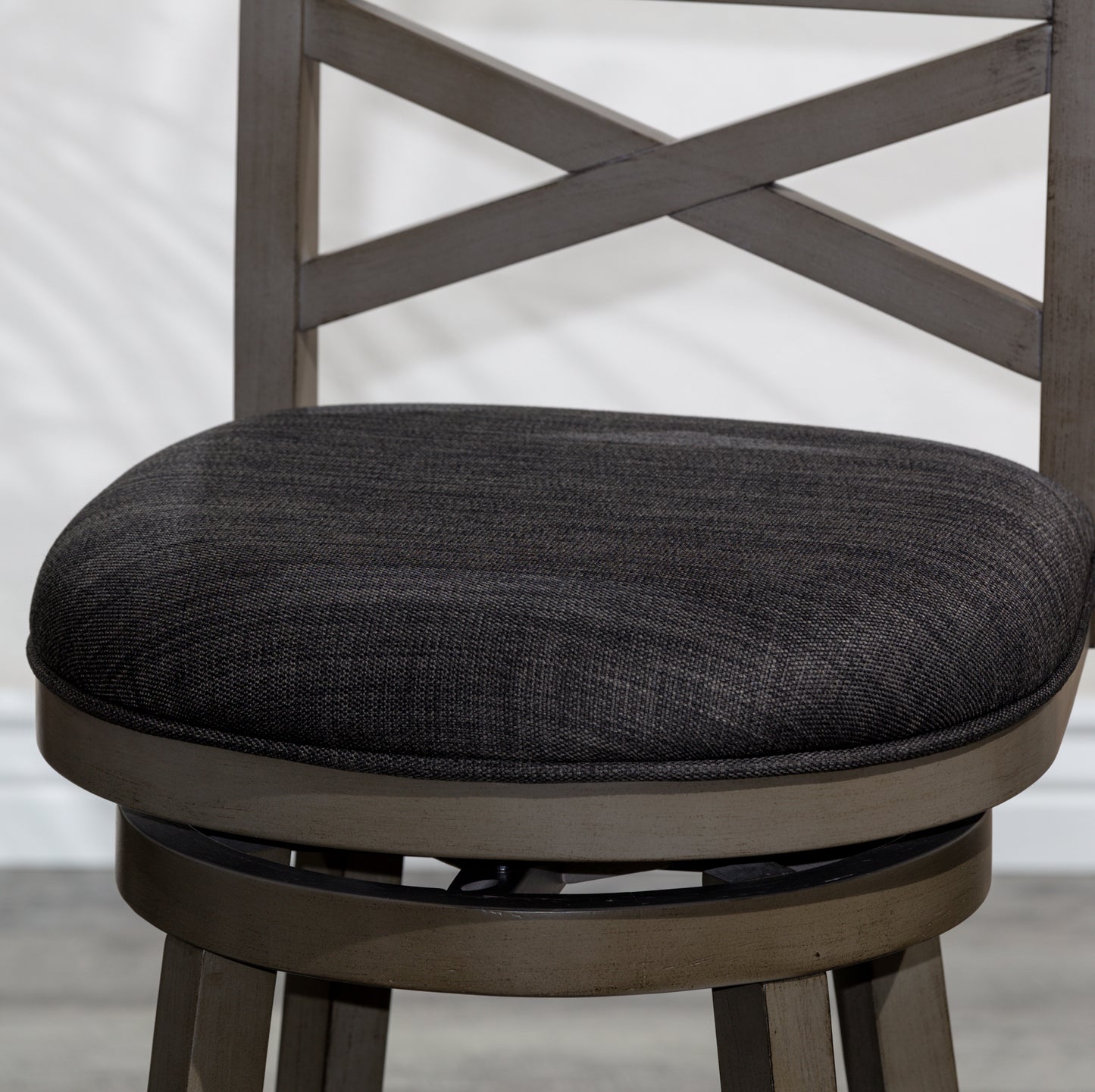 24" Counter Height X-Back Swivel Stool, Weathered Gray Finish, Charcoal Fabric Seat