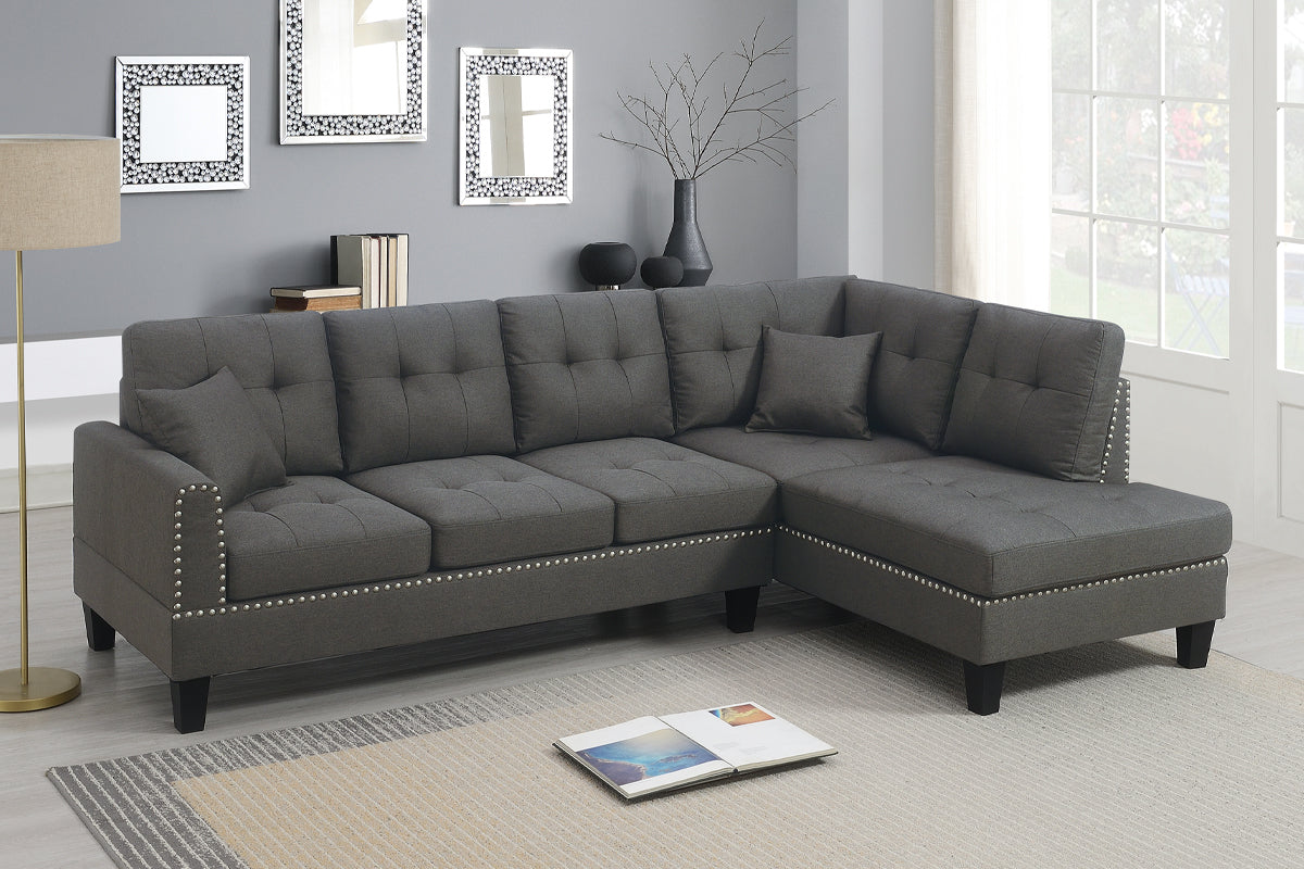 2-PCS SECTIONAL SET Living Room Furniture LAF Sofa And RAF Chaise Dark Coffee Color Linen Like Fabric Tufted Couch