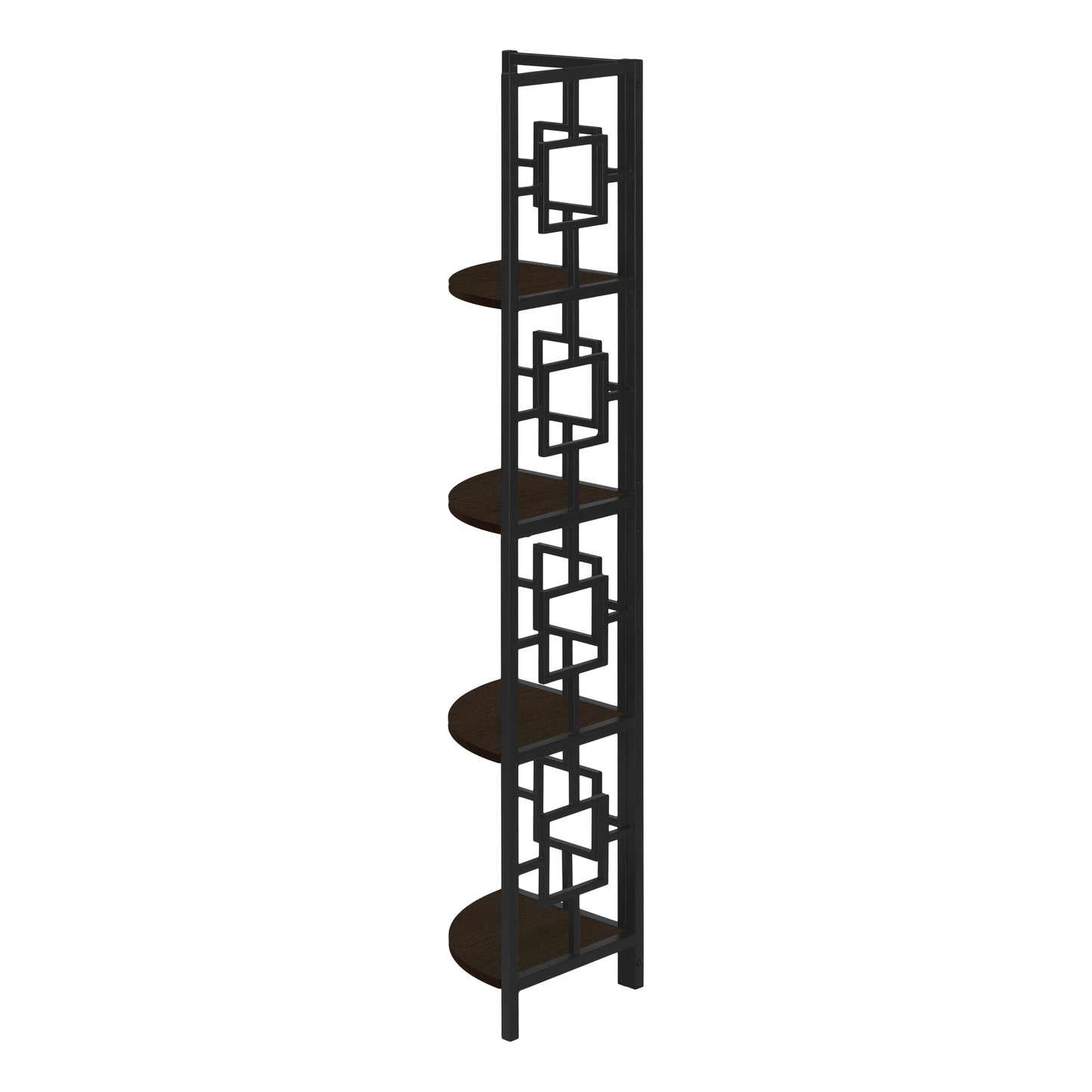 Bookshelf, Bookcase, Etagere, Corner, 4 Tier, 62"h, Office, Bedroom, Brown Laminate, Black Metal, Contemporary, Modern