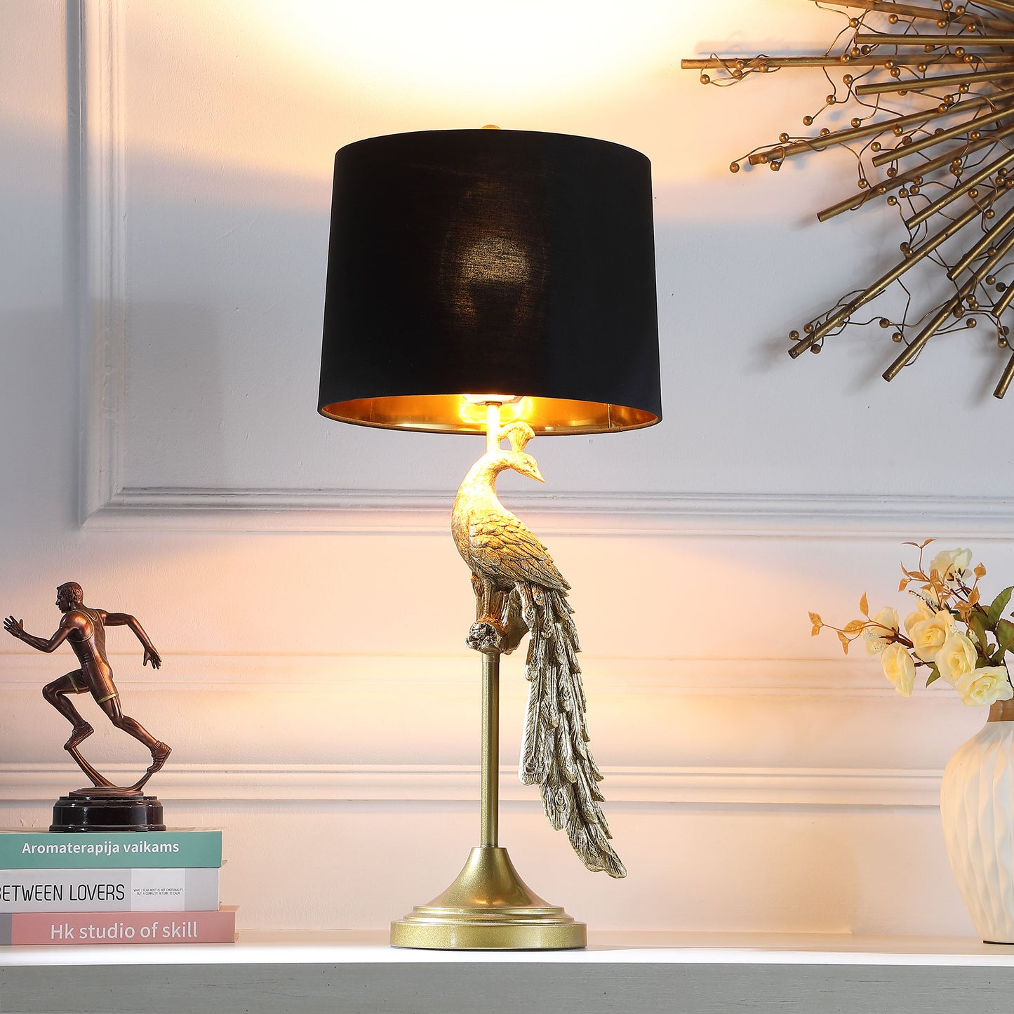 29" In Modern Elegance Golden Peacock On A Pedestal Polyresin Table Lamp