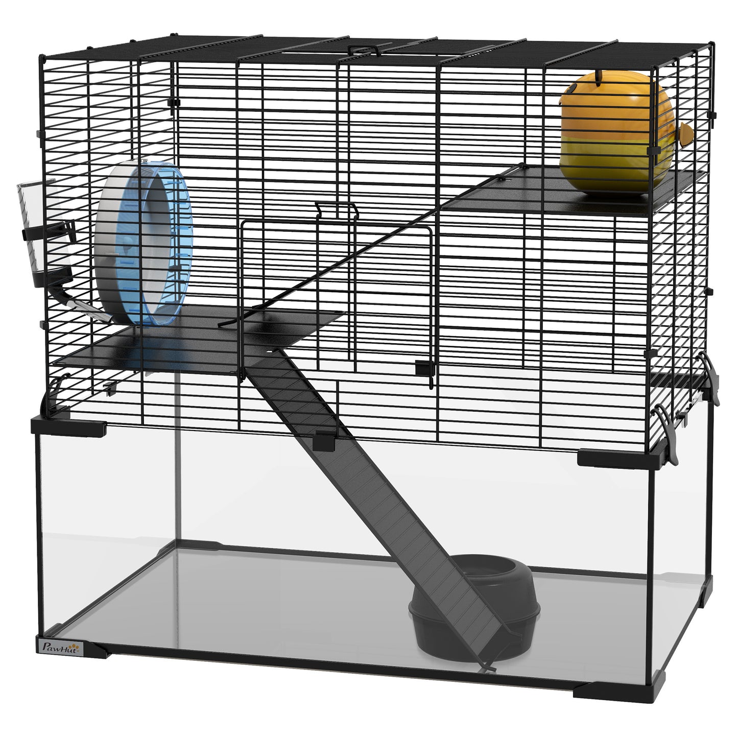 PawHut Hamster Cage, 23.5" Gerbil Cage with Glass Basin, Ramps, Platforms, Hut, Exercise Wheel, for Small Hamsters, Black