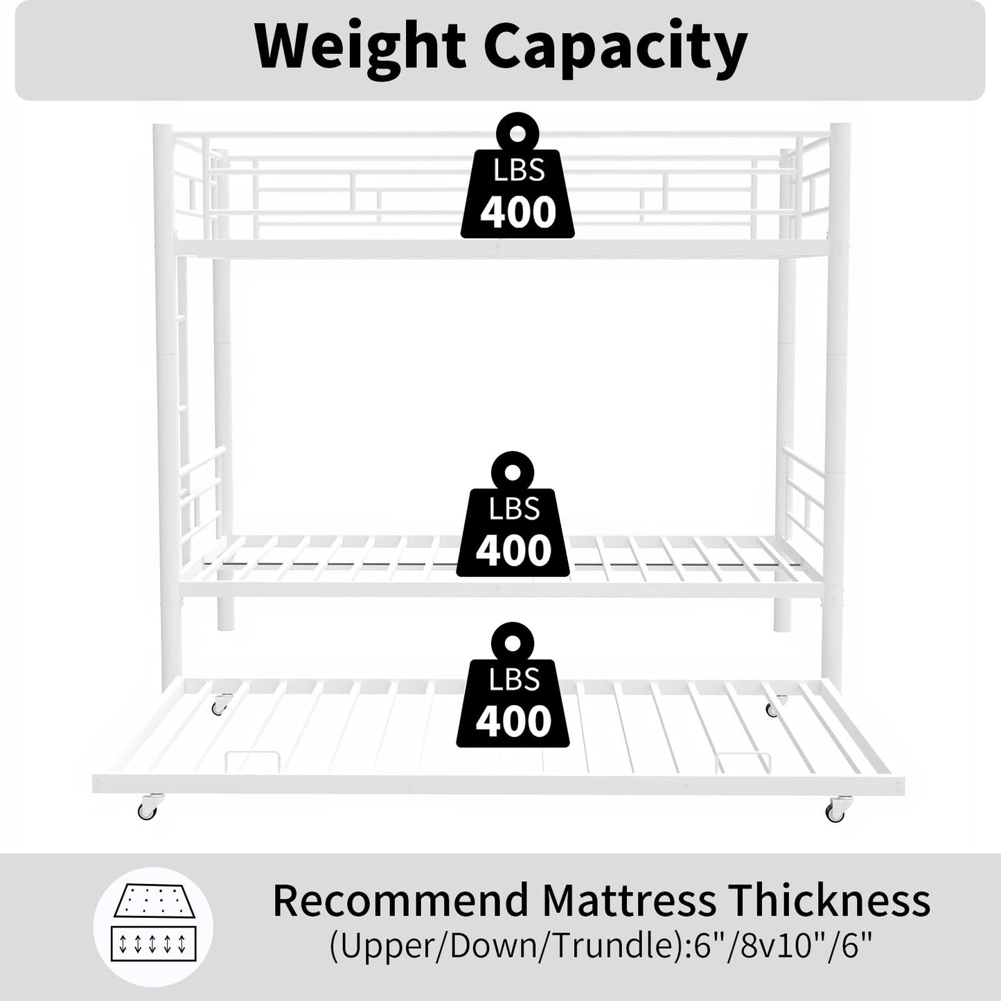 Heavy-duty Sturdy Meta Twin over Twin with Trundle Bunk Bed/l/ Noise Reduced/ Safety Guardrail/No Box Spring Needed,White