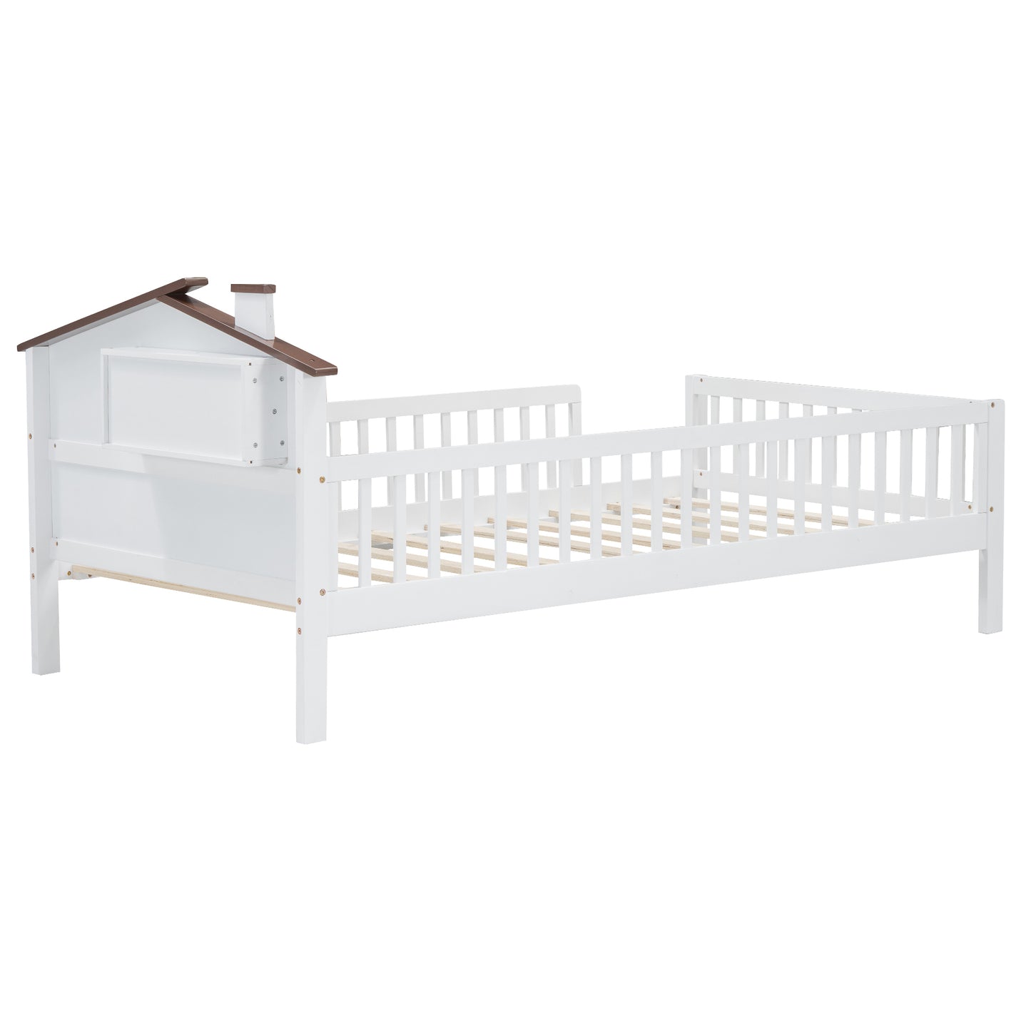 Twin Size Wood Platform Bed with House-shaped Headboard, LED and Built-in Storage, White