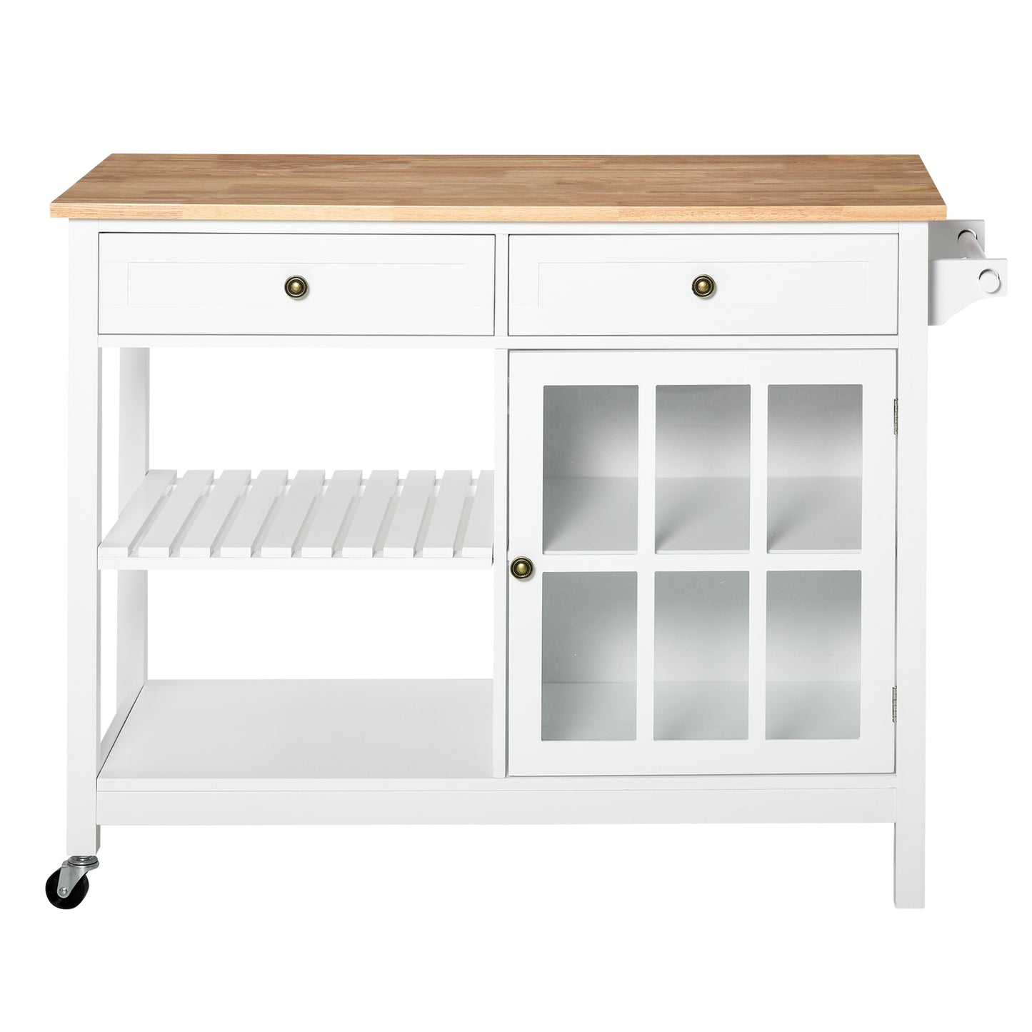 HOMCOM Rolling Kitchen Island with Storage, Kitchen Cart with Solid Wood Top, Glass Door Cabinet, Adjustable Shelf, Towel Rack, 2 Drawers for Dining Room, White