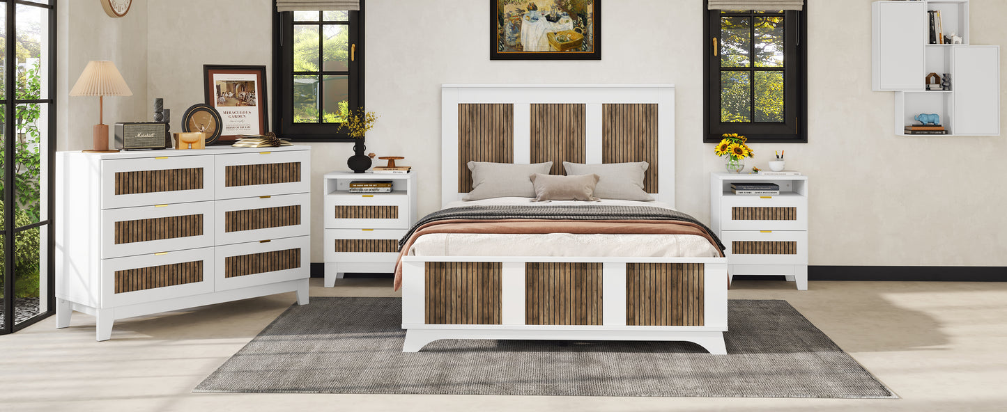 Farmhouse Wooden Platform Full Size Bed, Modern Platform Bed with Wooden Strip Decoration, Plywood Slats Support, White