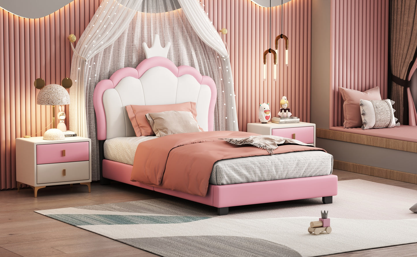 Twin size Upholstered Princess Bed With Crown Headboard,Twin Size Platform Bed with Headboard and Footboard,White+Pink