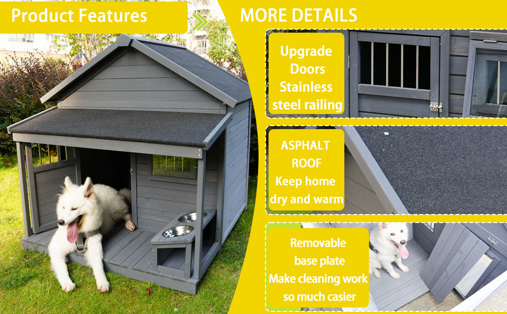 Large dog house, long 44.2" x wide 44.6" x high 44.6" Solid wood asphalt roof dog house with large terrace for large dogs, weatherproof large dog house (improved),Small wooden doors that can be locked