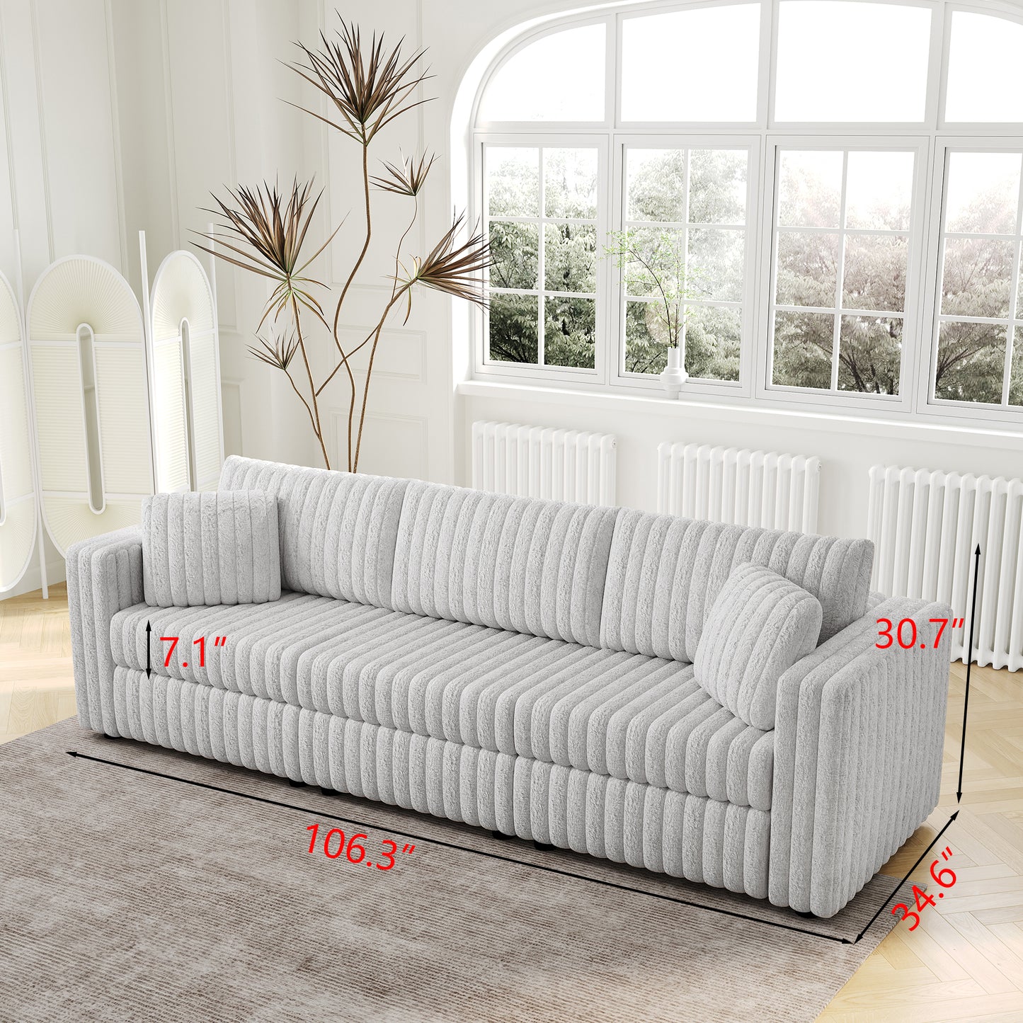 106.3" Soft  Modular 3-person Sofa - Highly Comfortable & Distinctive Design. Ideal for Bedroom & Living Room. Light gray. Modern & Plush Furniture Choice