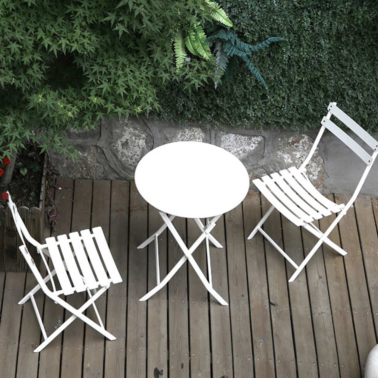 3 Piece Patio Bistro Set of Foldable Round Table and Chairs, White