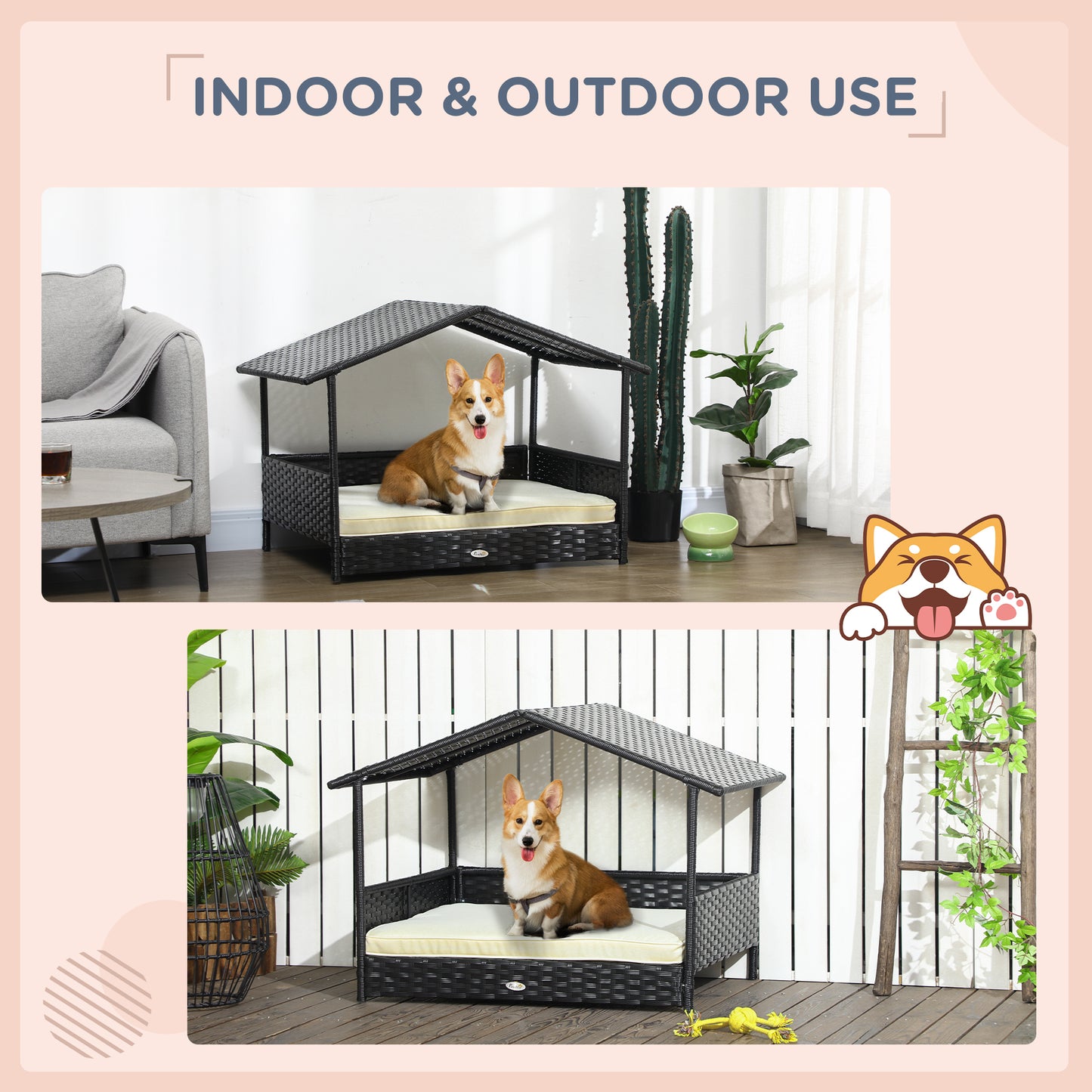 PawHut Wicker Dog House Outdoor with Canopy, Rattan Dog Bed with Water-resistant Cushion, for Small and Medium Dogs, Cream White