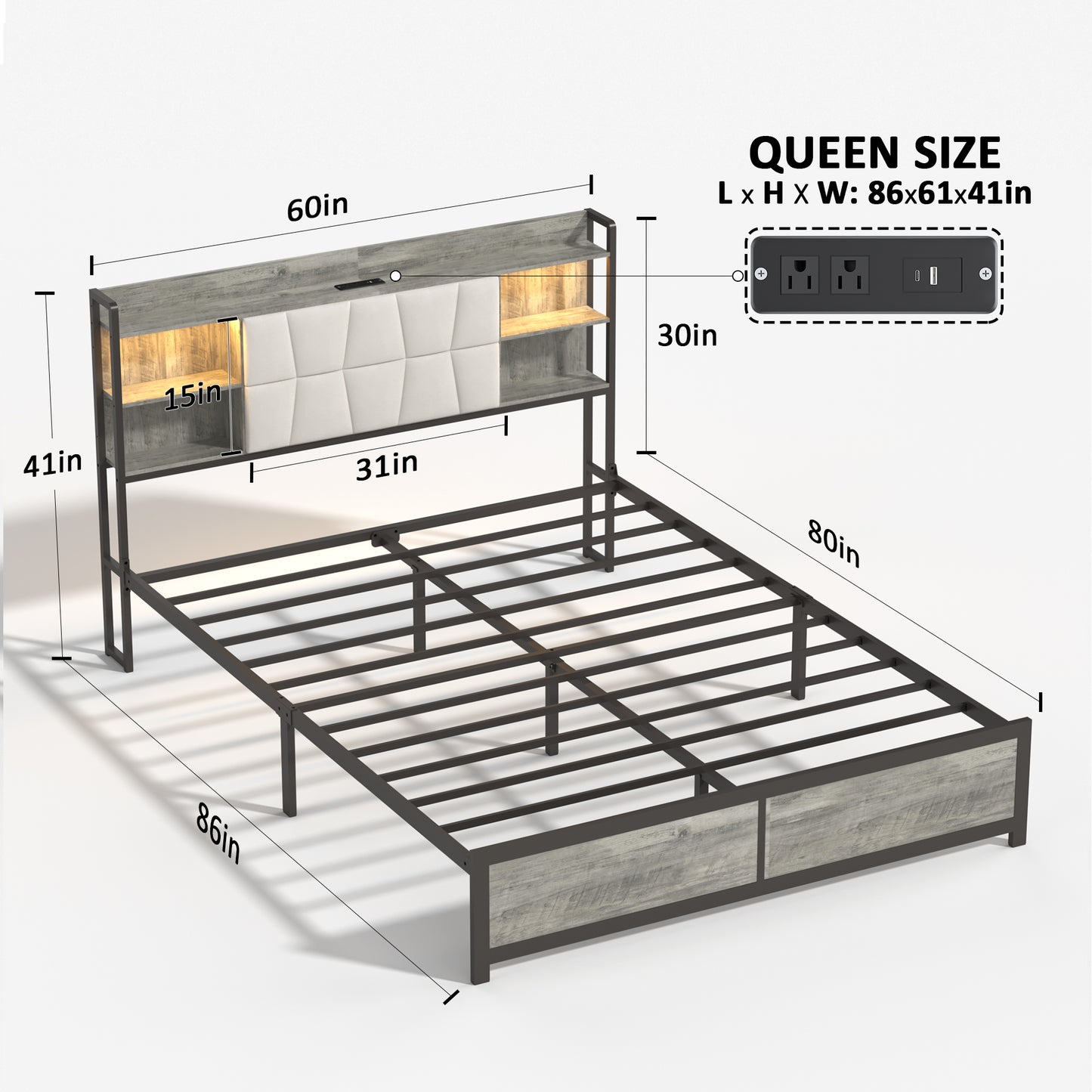 Queen Size Bed Frame with LED Light & Power Outlet, Platform Bed with Upholstered Headboard and Storage, Sturdy Metal Slats Support, No Box Spring Needed, Easy Assembly, Noise-Free