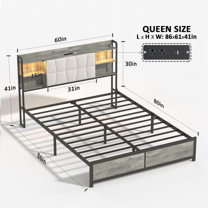 Queen Size Bed Frame with LED Light & Power Outlet, Platform Bed with Upholstered Headboard and Storage, Sturdy Metal Slats Support, No Box Spring Needed, Easy Assembly, Noise-Free