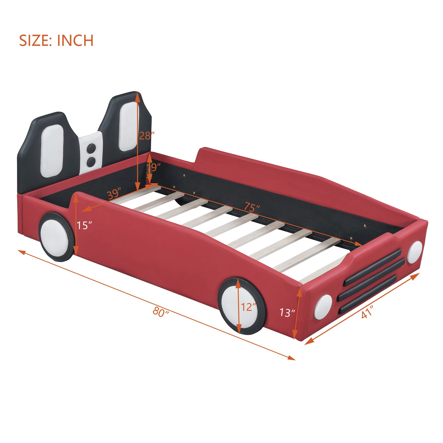 Twin Size Race Car-Shaped Platform Bed with Wheels,Red