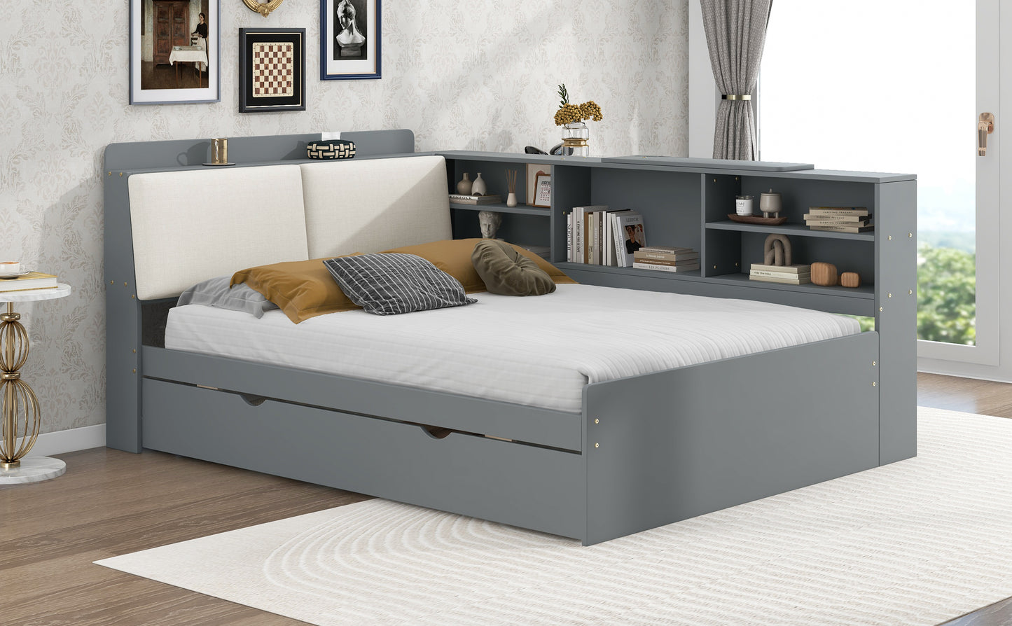 Wood Full Size platform bed with Trundle, Shelves and Storage Headboard, Gray