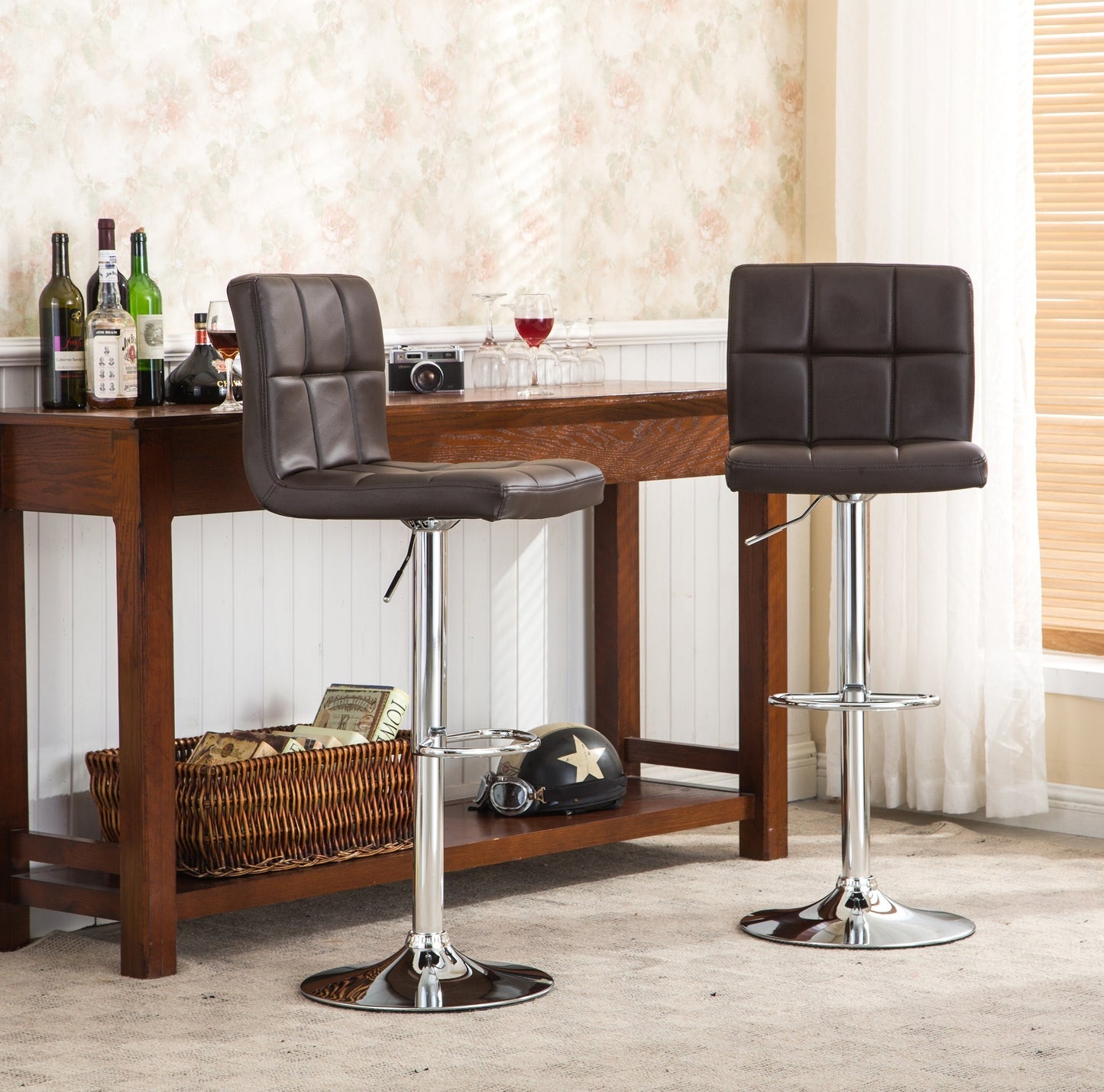 Swivel Faux Leather Adjustable Hydraulic Bar Stool, Set of 2, Brown