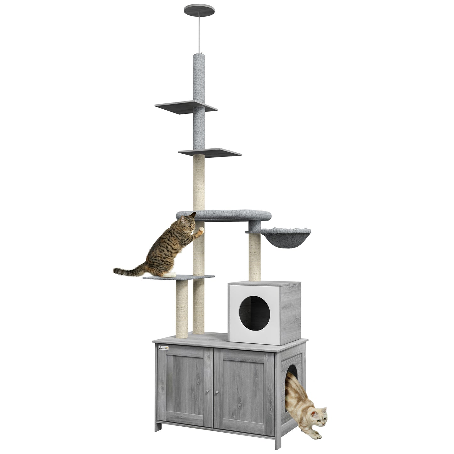 PawHut Cat Tree with Litter Box Enclosure, 2 in 1 Floor to Ceiling Cat Tower Litter Box Furniture with Condo, Bed, Hammock, Scratching Posts, and Platforms for Indoor Use, Gray