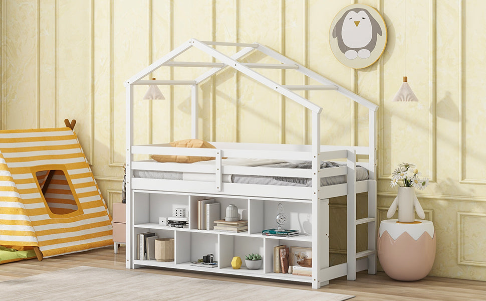 Twin House Loft Bed with Roof Frame, Under Bed Shelving Storage Unit, Guardrails, Ladder,White