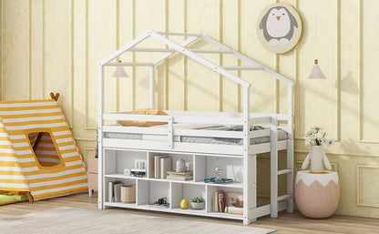 Twin House Loft Bed with Roof Frame, Under Bed Shelving Storage Unit, Guardrails, Ladder,White