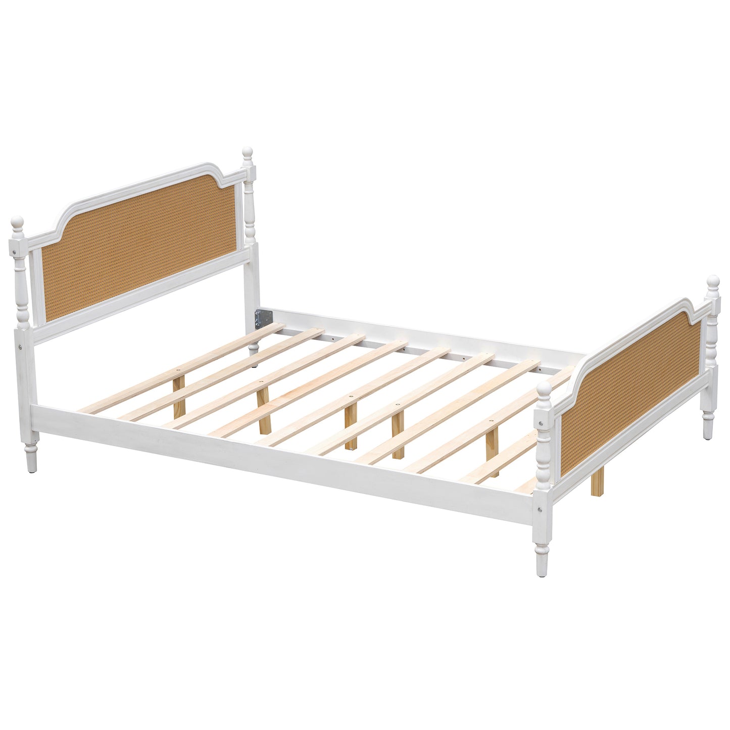 Traditional Style Rattan Queen Size Bed Frame,No Box Spring Needed,Antique White