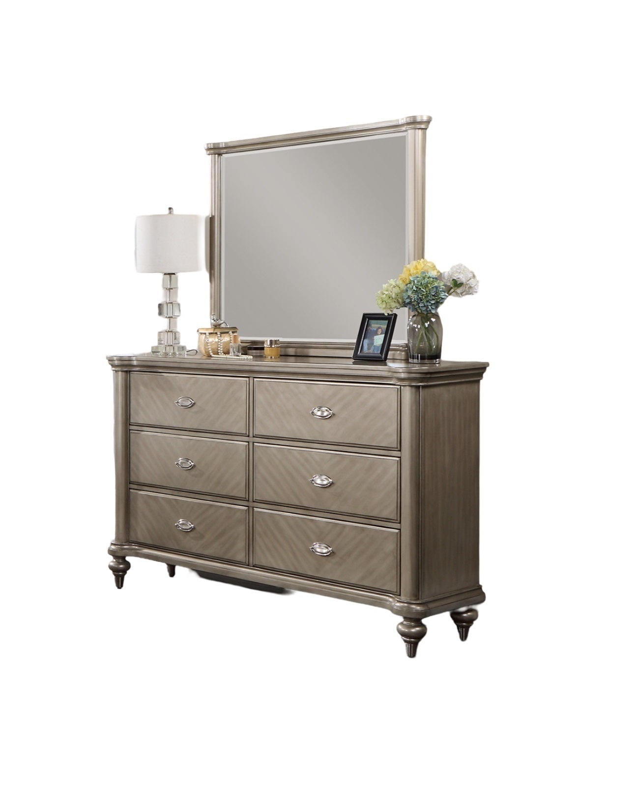 Luxury Antique Silver / Champagne Finish Dresser w Mirror Storage Space Drawers Bedroom Furniture