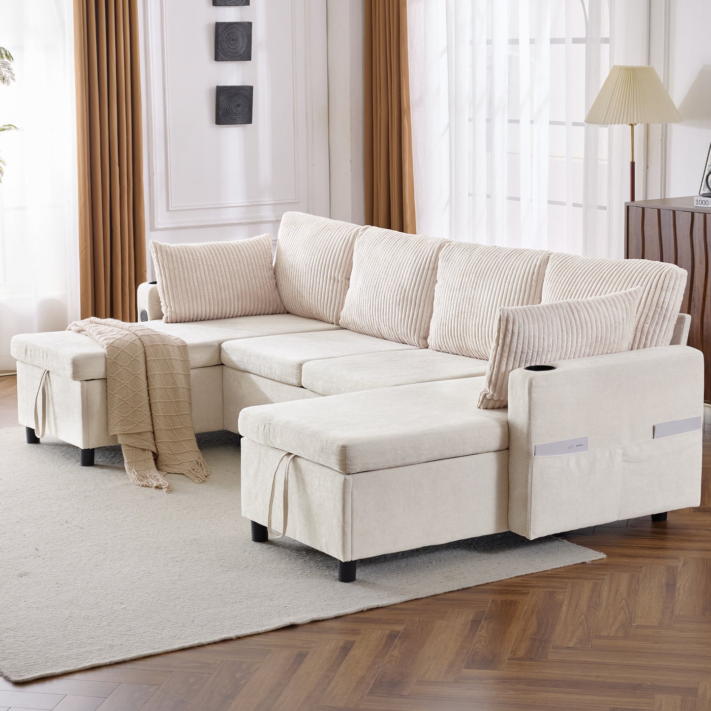111.8" Sectional Sofa Pull-out Sofa Bed Versatile Sofa Sleeper with Large Storage Space, Two USB Ports and Two Cup Holders for Living Room, Beige