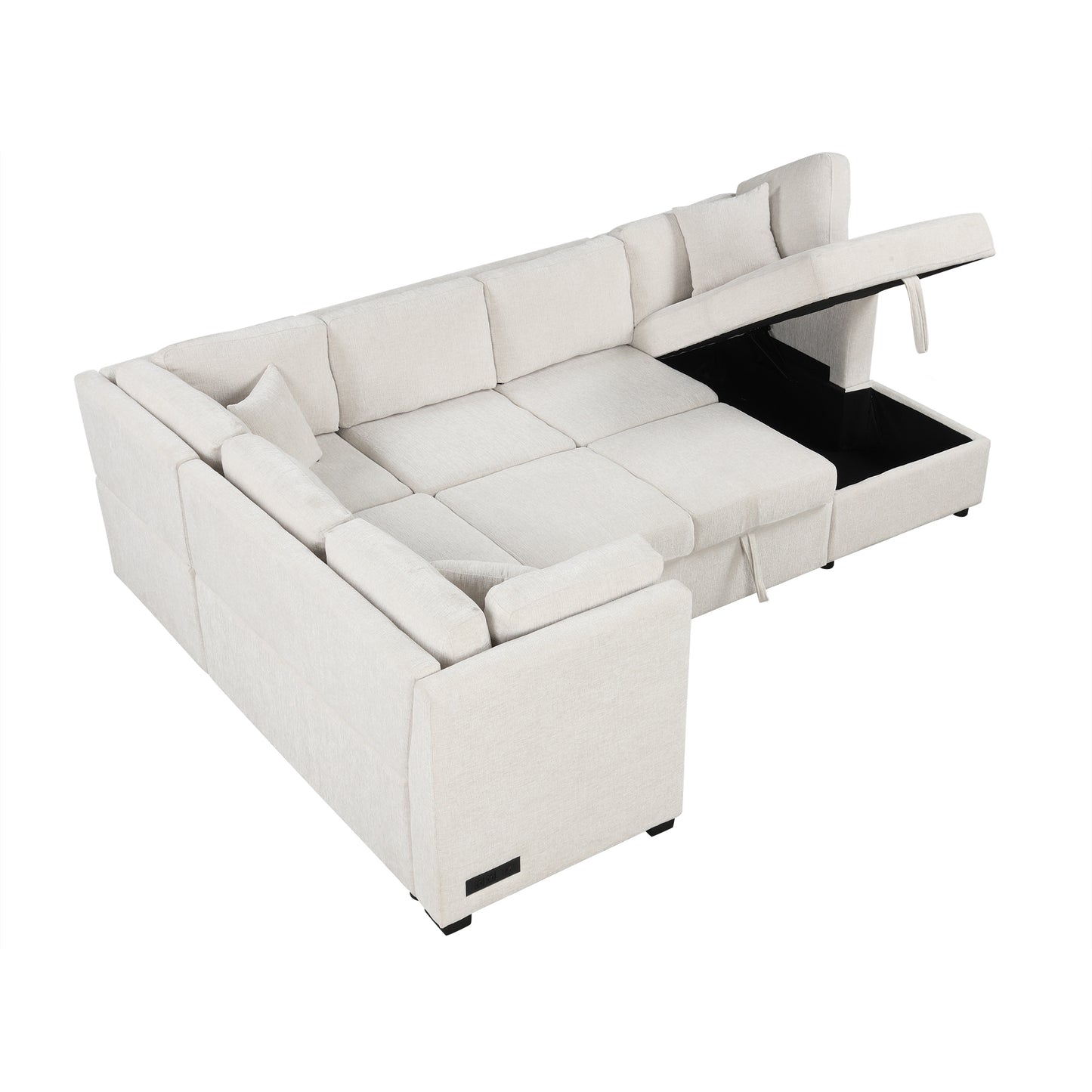 108.6" U-shaped Sectional Sofa Pull out Sofa Bed with Two USB Ports, Two Power Sockets, Three Back Pillows and a Storage Chaise for Living Room, Beige