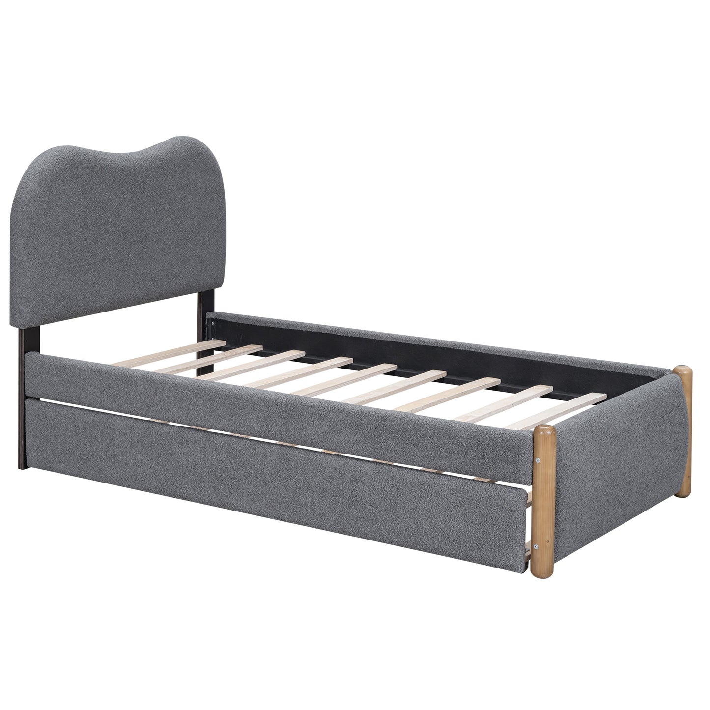 Twin Size Upholstered Platform Bed with Wood Supporting Feet and Twin Size Trundle, Gray