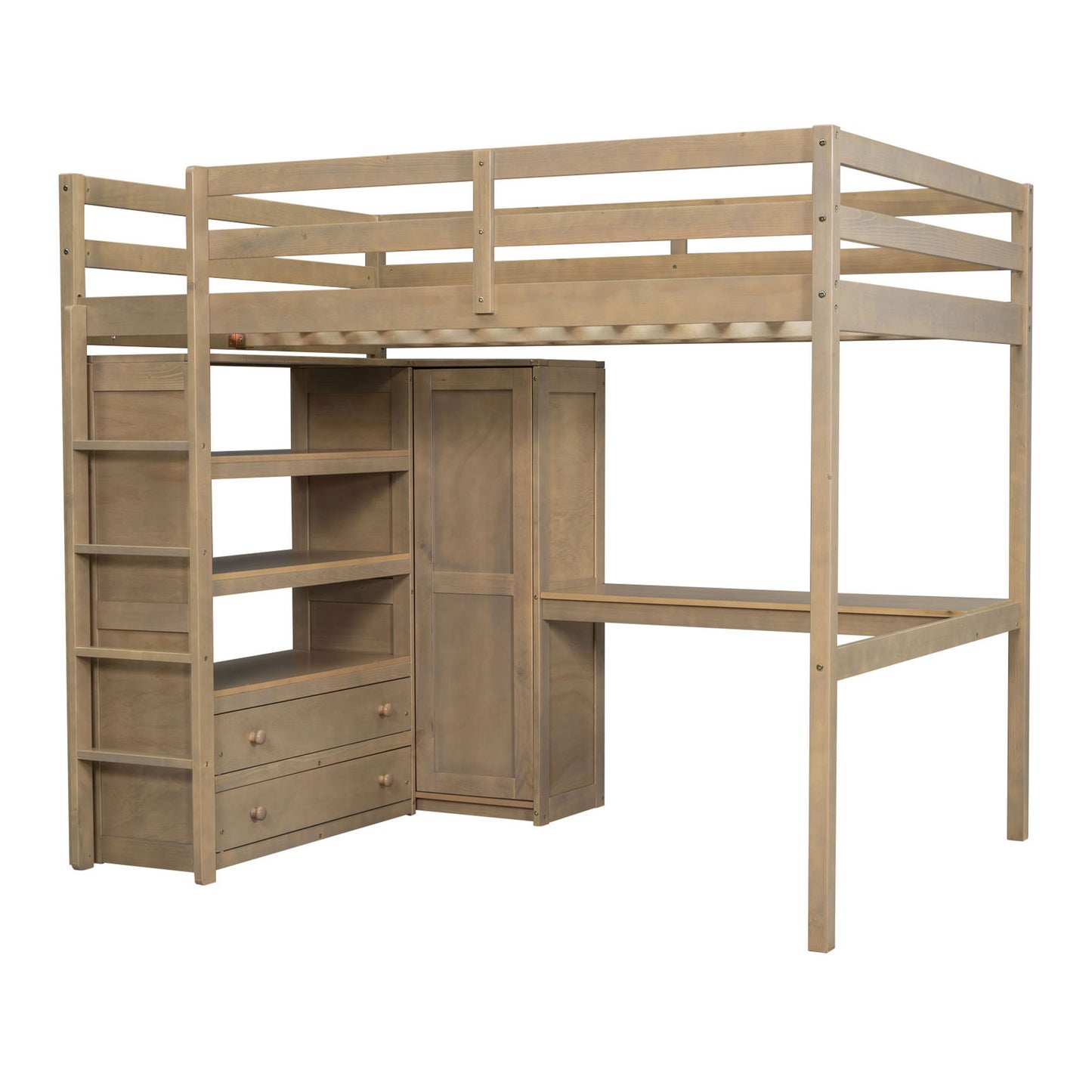 Wood Full Size Loft Bed with Built-in Wardrobe, Desk, Storage Shelves and Drawers in Walnut Finish, Solid Wood and MDF Construction