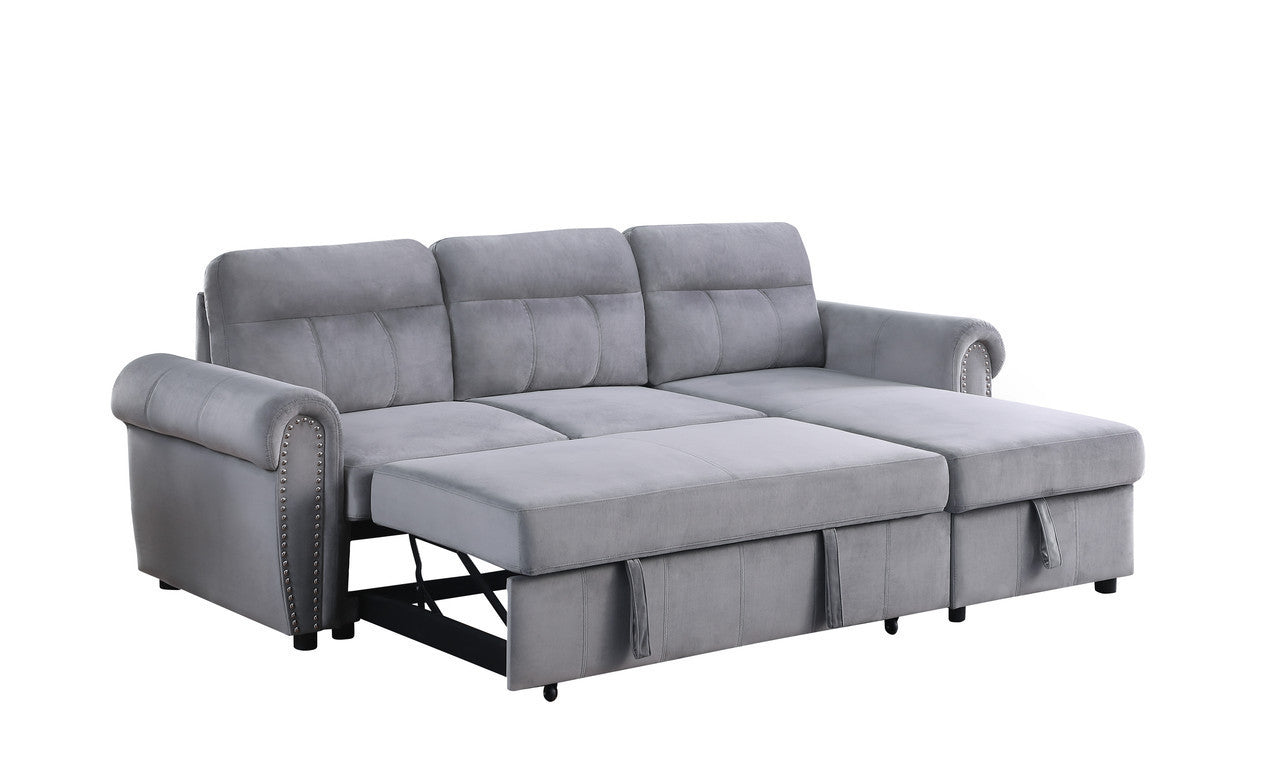 Ashton 96.5" Gray Velvet Fabric Reversible Sleeper Sectional Sofa Chaise