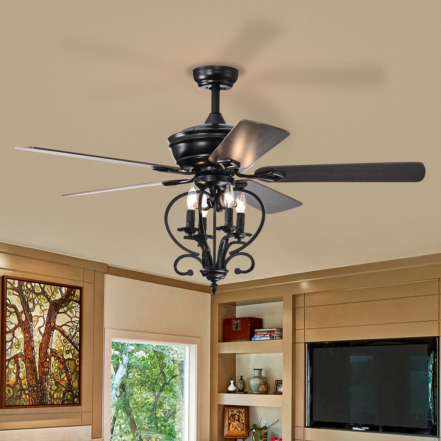 52 inch 4 Lights Ceiling Fan with 5 Wood Blades, Two-color fan blade, AC Motor, Remote Control, Reversible Airflow, 3-Speed, Adjustable Height, Traditional Ceiling Fan for home decorate (Matte Black)