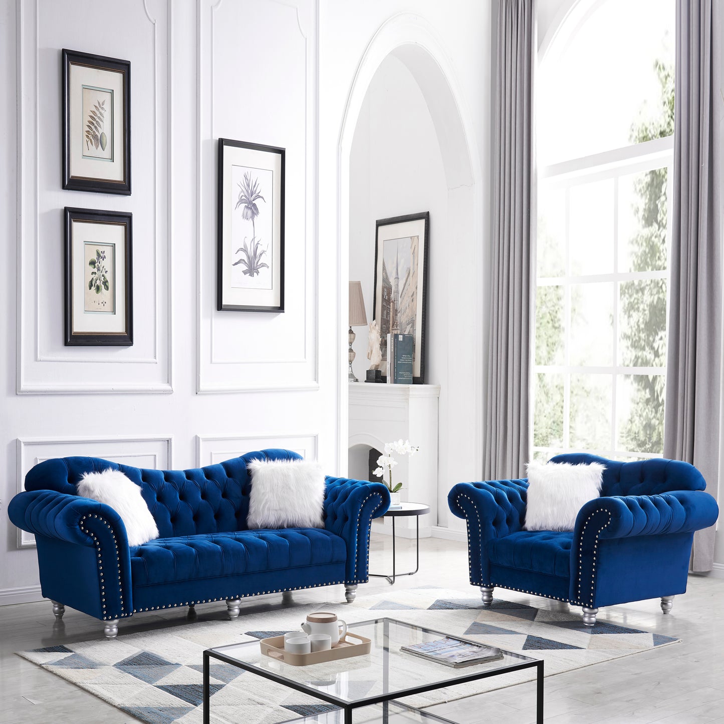 3 Piece Living Room Sofa Set, including 3-Seater Sofa, Loveseat and Sofa Chair, with Button and Copper Nail on Arms and Back, Five White Villose Pillow, Blue.