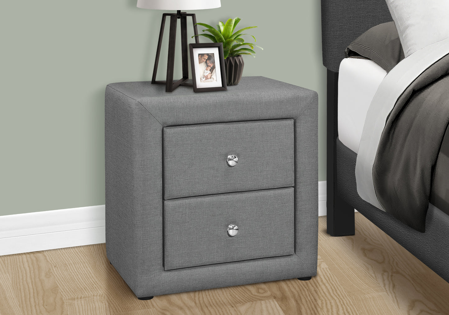Nightstand, Nightstand, End, Side, Lamp, Storage Drawer, Bedroom, Upholstered, Grey Linen Look, Transitional