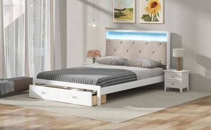 Wood Queen Size Platform Bed with Upholstered Headboard and LED and 2 Drawers, Antique White