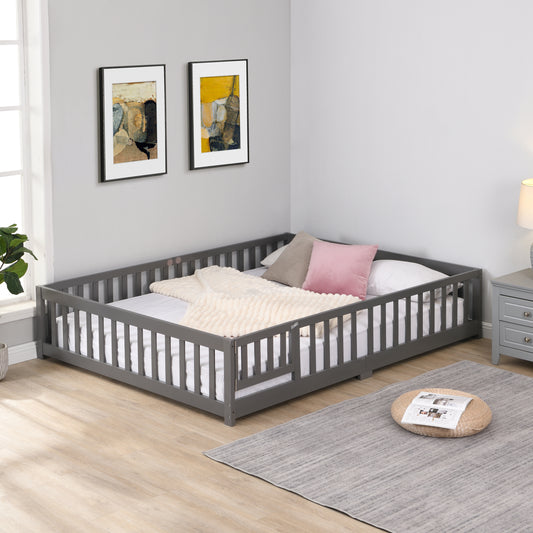 Queen Size Floor Bed with Door,Solid Wood Platform Bed Frame with Fence,Suitable for children,Pine Wood,Gray